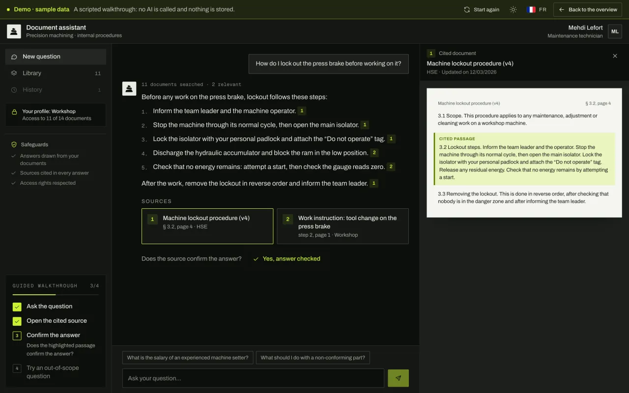 The cited document opens next to the answer, with the passage used highlighted so the answer can be checked.