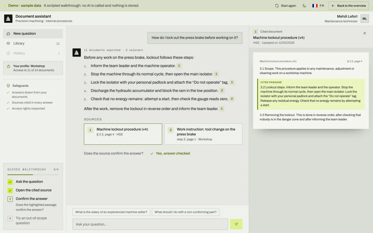 The cited document opens next to the answer, with the passage used highlighted so the answer can be checked.