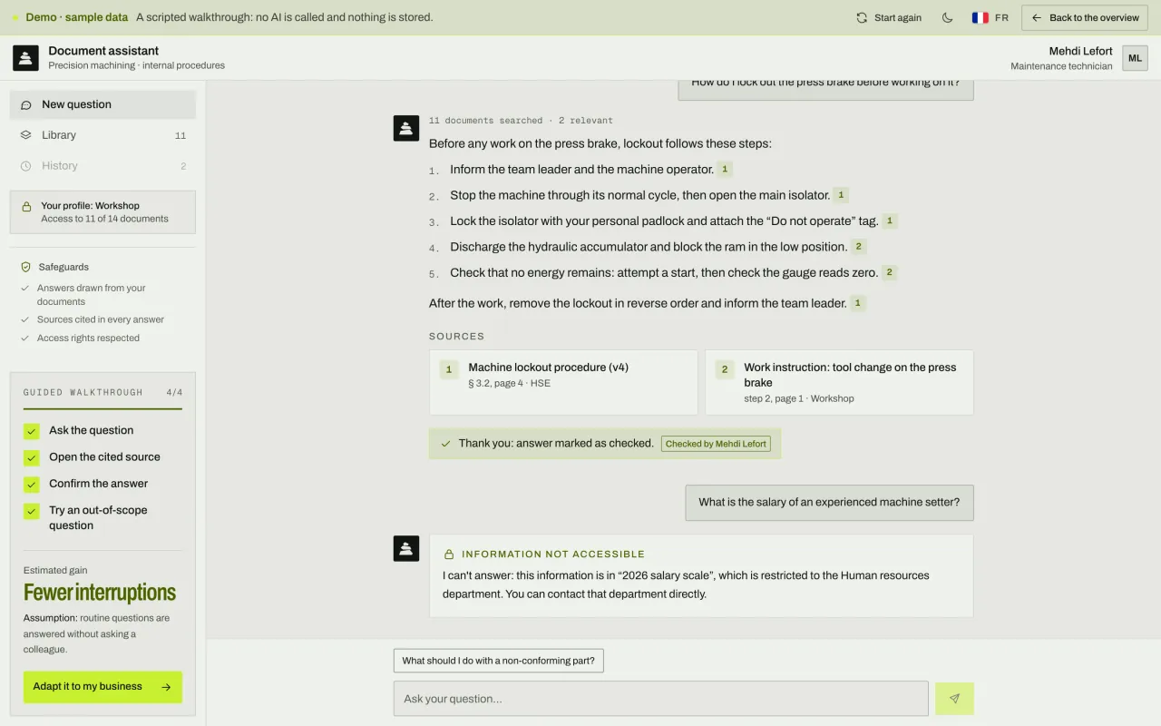 Answer marked as checked, then a question about salaries is refused: the document is restricted to human resources.