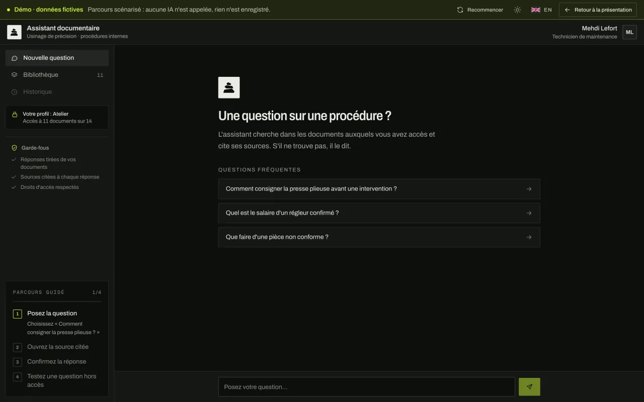 Assistant documentaire d'une PME d'usinage : questions fréquentes proposées, profil « Atelier » avec accès à 11 documents sur 14.