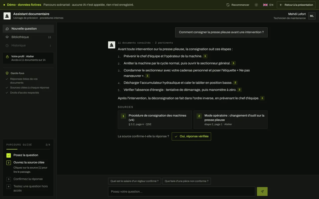 Réponse en cinq étapes sur la consignation d'une presse plieuse, chaque étape renvoyant à sa source numérotée, avec la liste des documents cités.