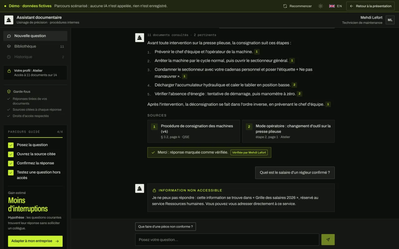 Réponse marquée comme vérifiée, puis refus d'une question sur les salaires : le document est réservé aux ressources humaines.