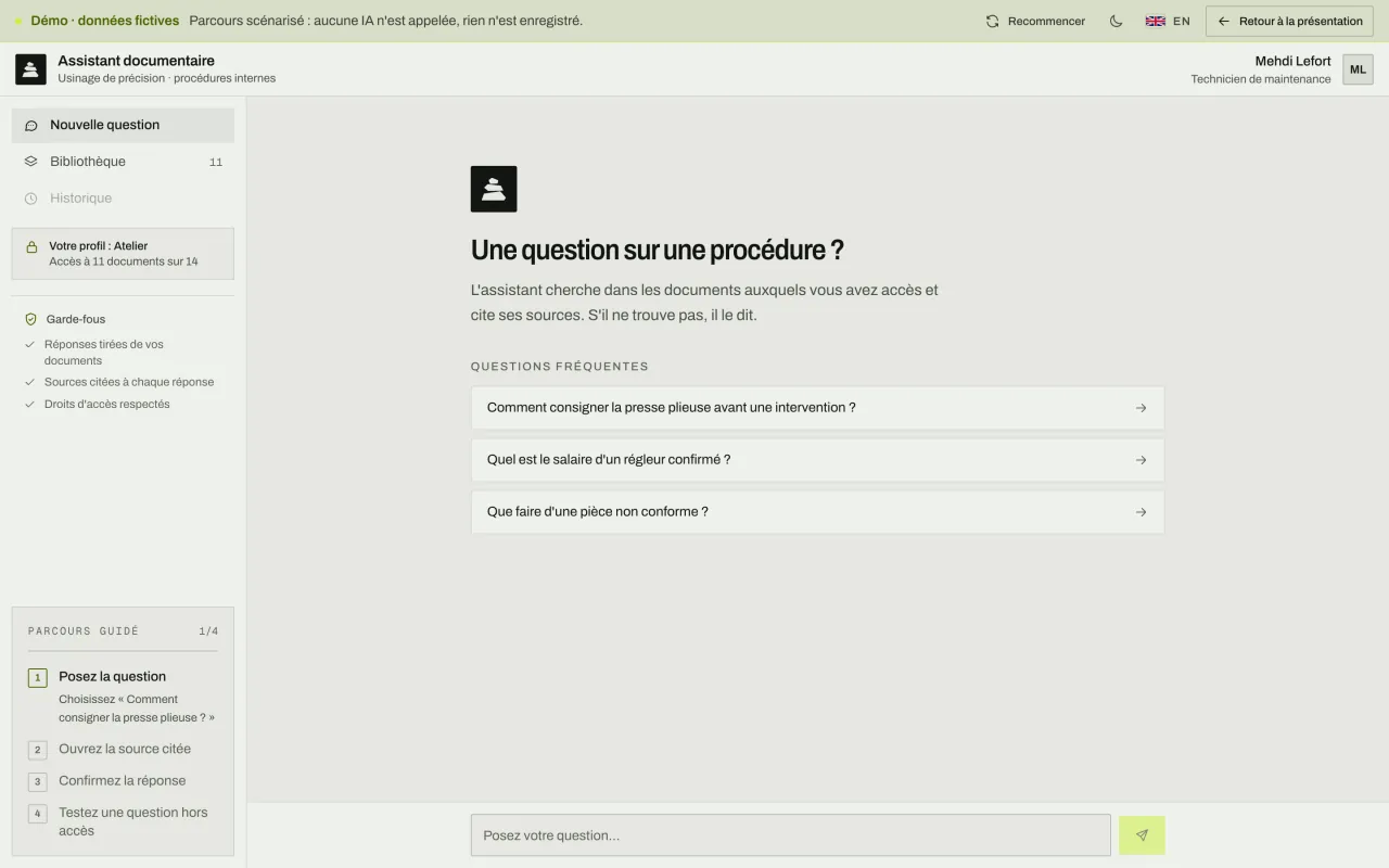 Assistant documentaire d'une PME d'usinage : questions fréquentes proposées, profil « Atelier » avec accès à 11 documents sur 14.