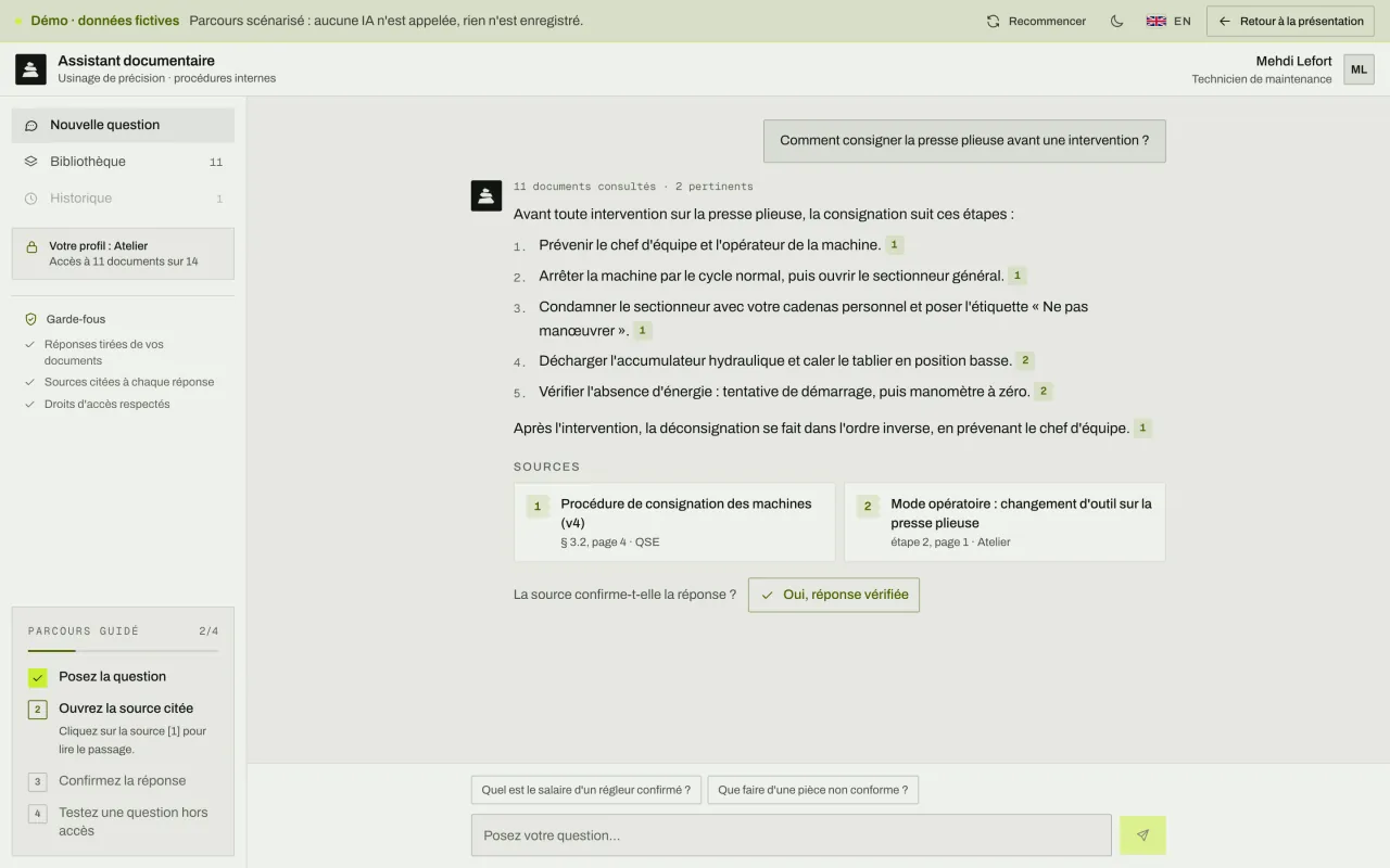 Réponse en cinq étapes sur la consignation d'une presse plieuse, chaque étape renvoyant à sa source numérotée, avec la liste des documents cités.