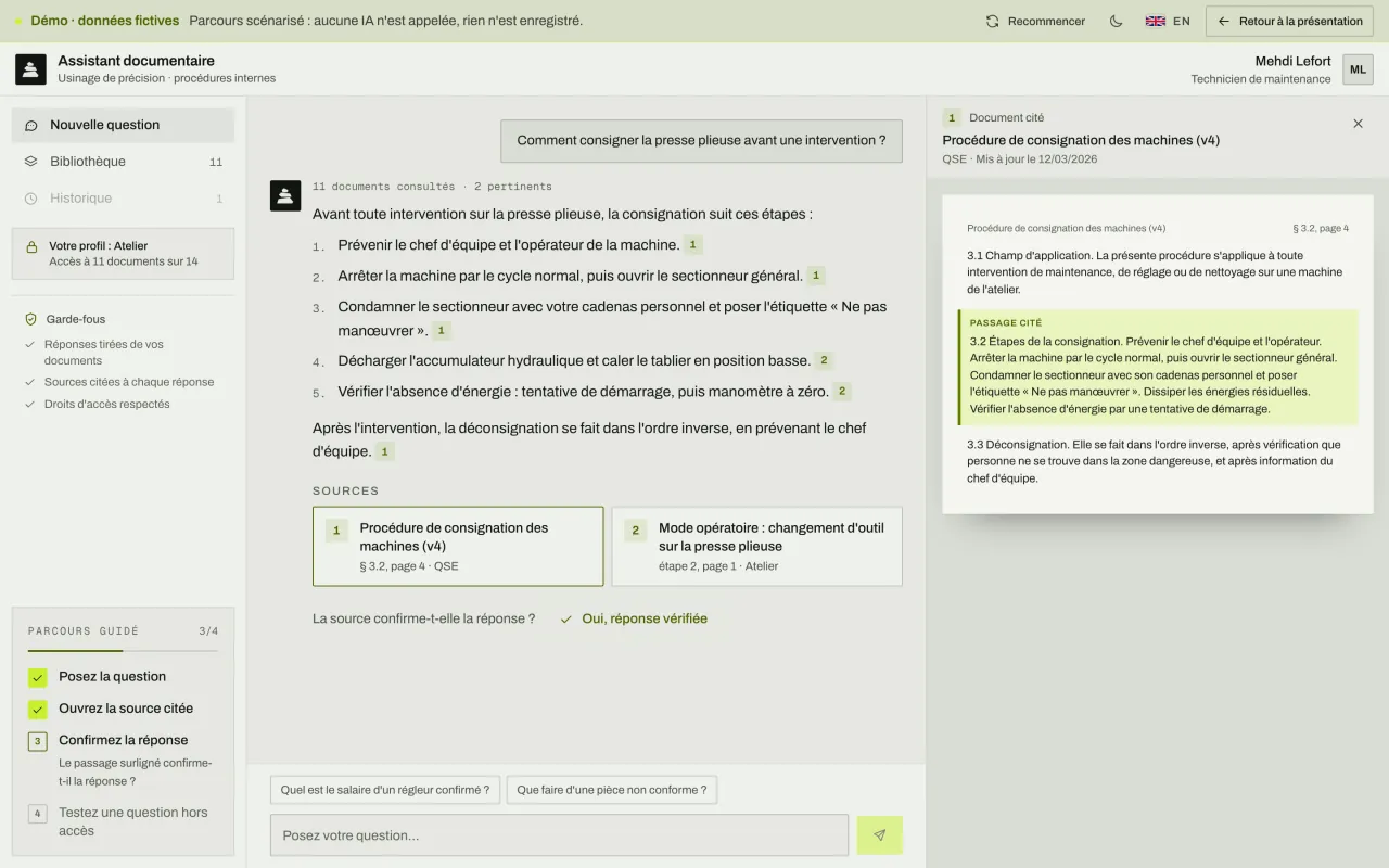 Le document cité s'ouvre à côté de la réponse, le passage utilisé est surligné pour vérifier la réponse.