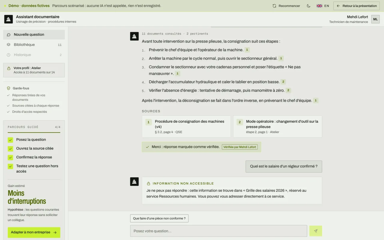Réponse marquée comme vérifiée, puis refus d'une question sur les salaires : le document est réservé aux ressources humaines.