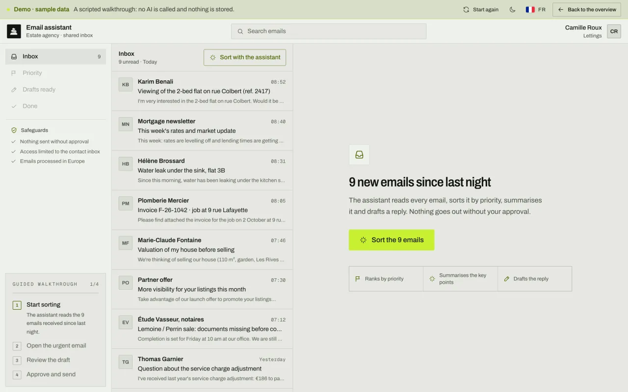 Shared inbox of an estate agency with 9 new unsorted emails, and the “Sort the 9 emails” button.