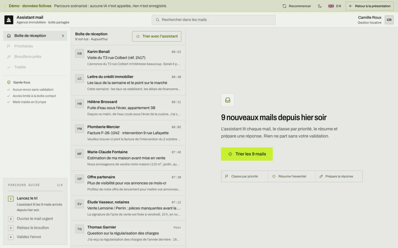 Boîte de réception partagée d'une agence immobilière avec 9 nouveaux mails non triés, et le bouton « Trier les 9 mails ».