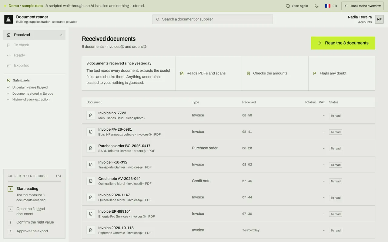 List of 8 received documents (invoices, credit note, customer purchase order) waiting to be read, with the “Read the 8 documents” button.