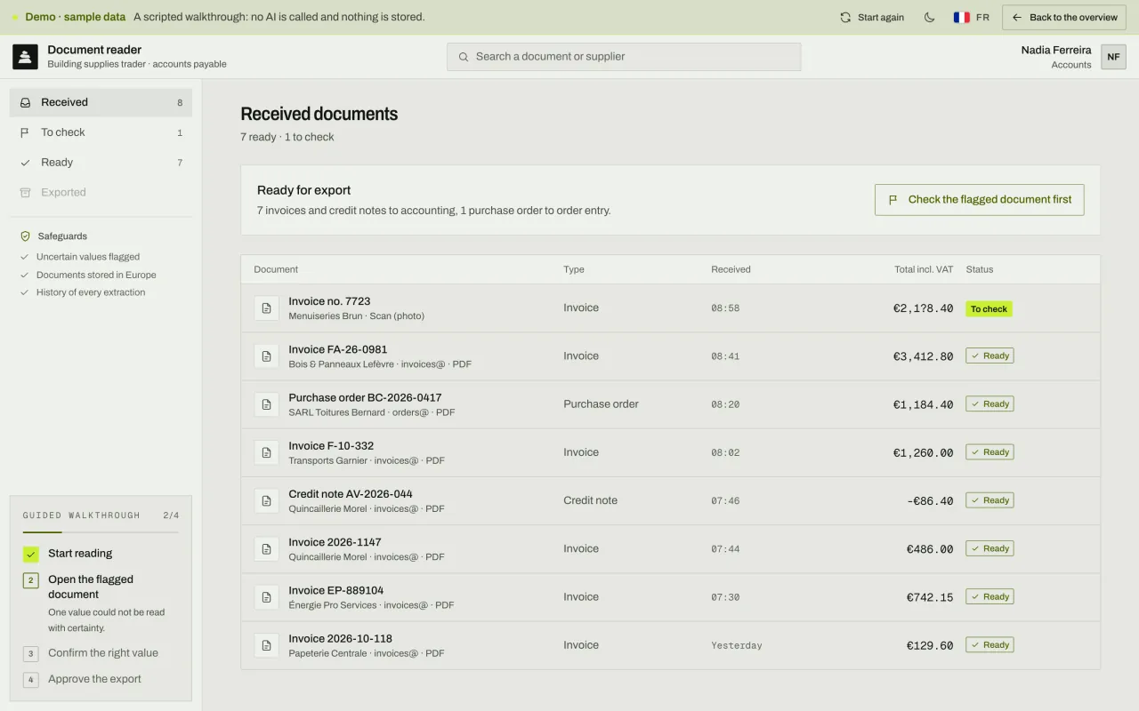 The 8 documents read: amounts extracted, 7 ready for export and one scanned invoice flagged “To check”.