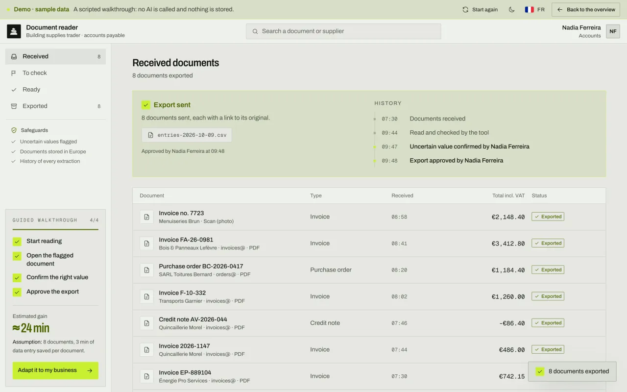 Export approved: 8 documents sent to accounting, with the history of reading, checking and approval.