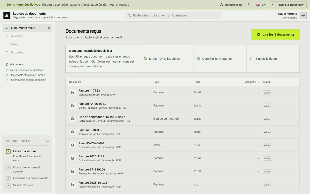 Liste de 8 documents reçus (factures, avoir, bon de commande client) en attente de lecture, avec le bouton « Lire les 8 documents ».