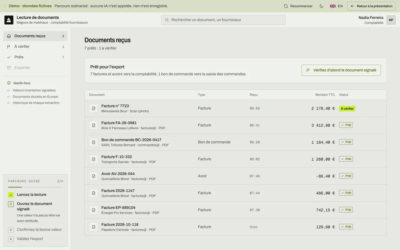 Les 8 documents lus : montants extraits, 7 prêts pour l'export et une facture scannée signalée « À vérifier ».