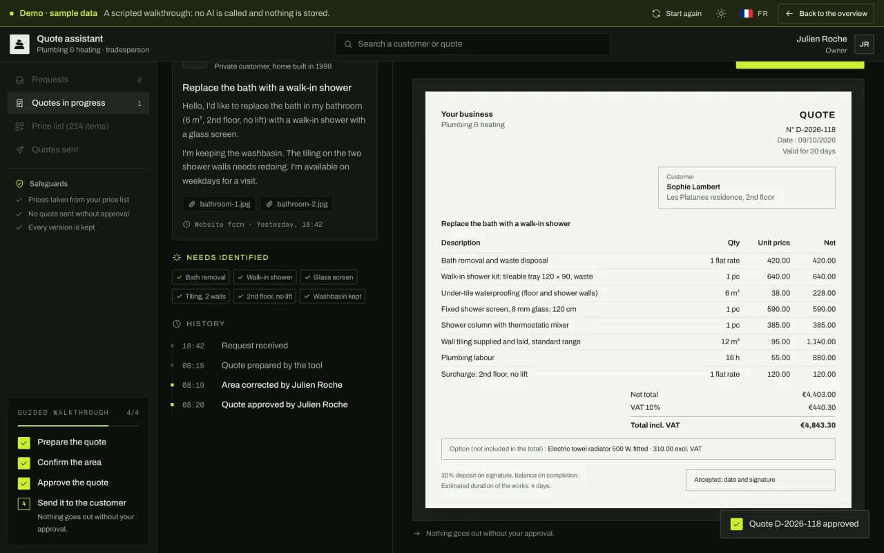 PDF quote generated after approval: lines, totals with 10% VAT, suggested option, terms and signature area.