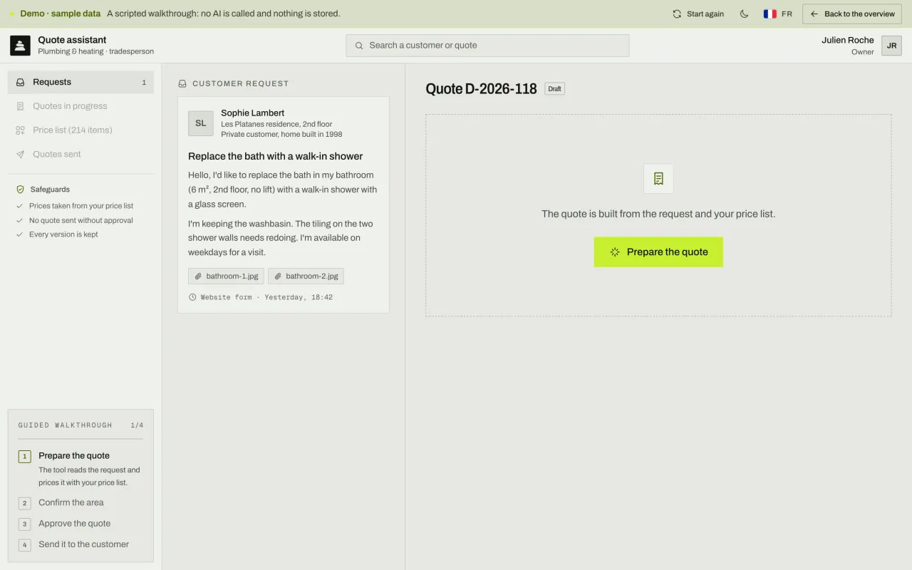 A customer's request to replace a bath with a walk-in shower, next to an empty quote and the “Prepare the quote” button.