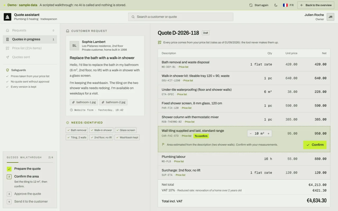 Quote priced line by line with references from the tradesperson's price list; the estimated tiling area is flagged “To confirm”.