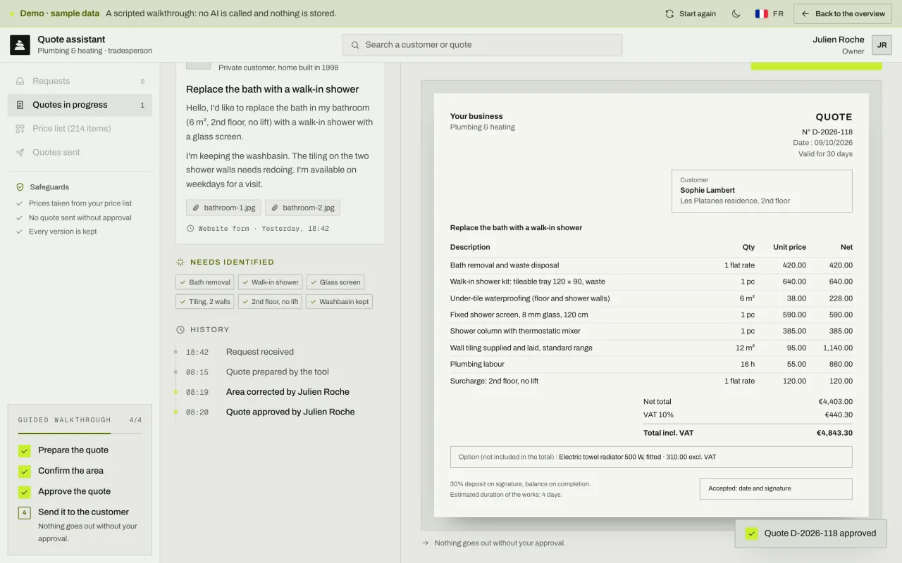 PDF quote generated after approval: lines, totals with 10% VAT, suggested option, terms and signature area.