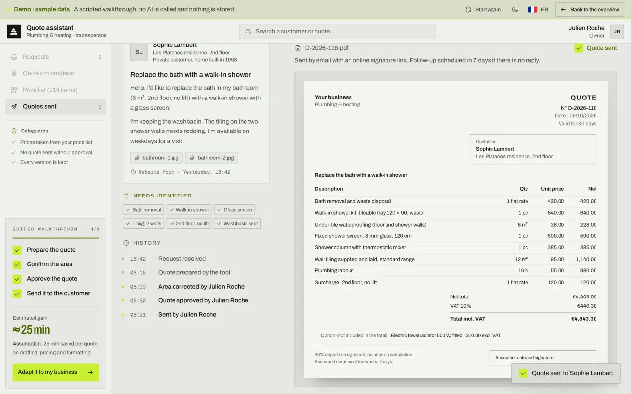 Quote sent to the customer with a signature link; the history shows the correction and approval made by the tradesperson.