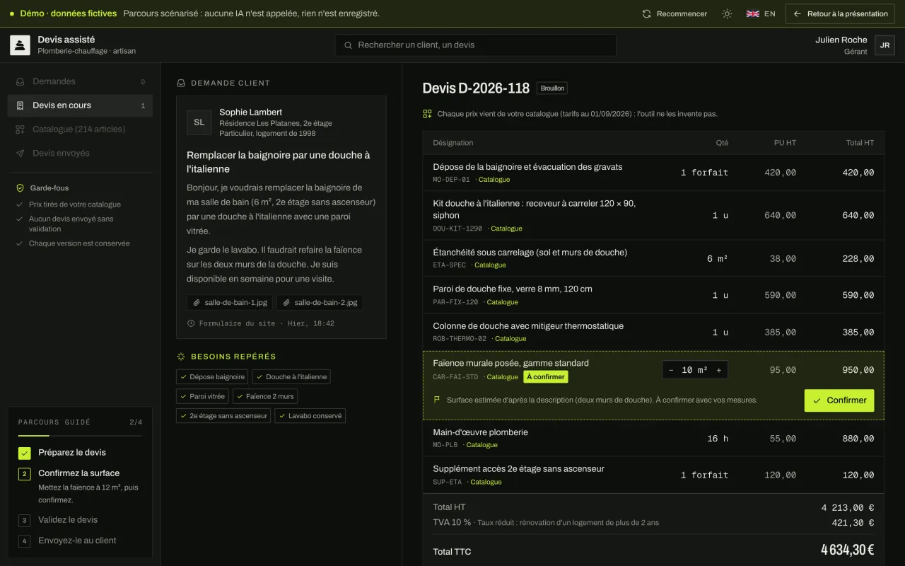 Devis chiffré ligne par ligne avec les références du catalogue de l'artisan ; la surface de faïence, estimée, est signalée « À confirmer ».