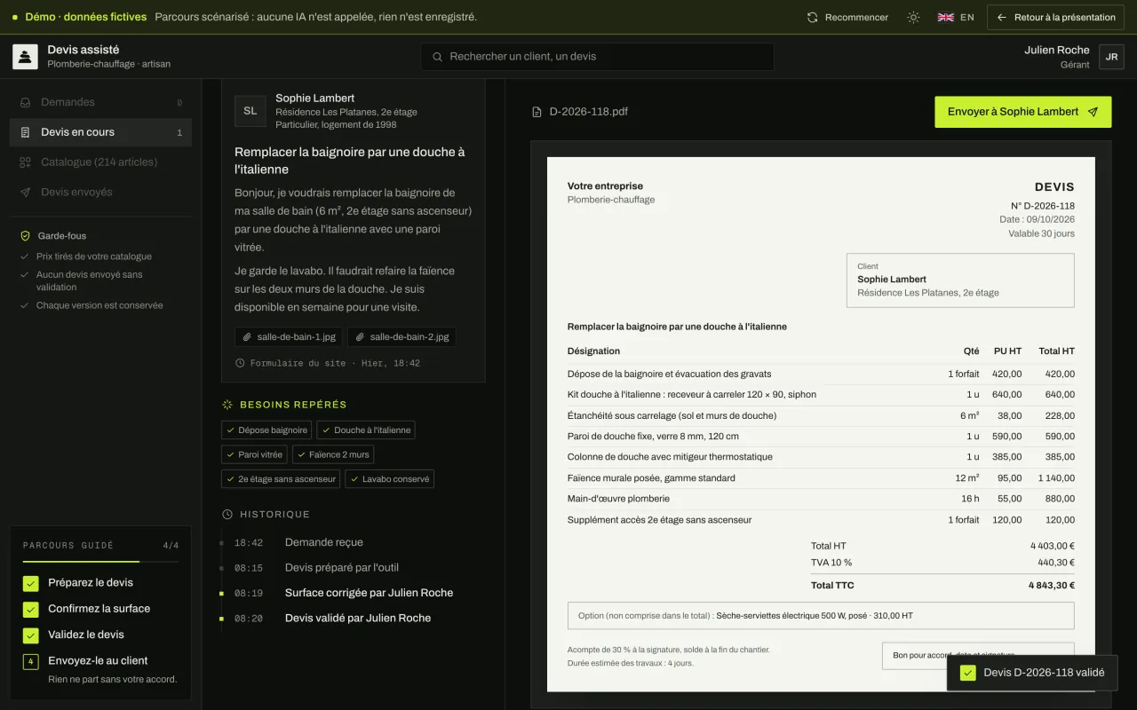 Devis PDF généré après validation : lignes, totaux HT et TTC avec TVA à 10 %, option proposée, conditions et zone de signature.
