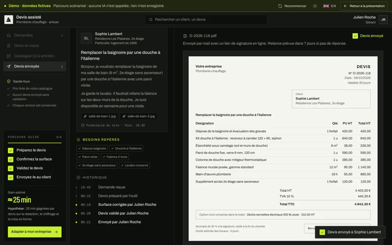 Devis envoyé à la cliente avec un lien de signature ; l'historique montre la correction et la validation faites par l'artisan.
