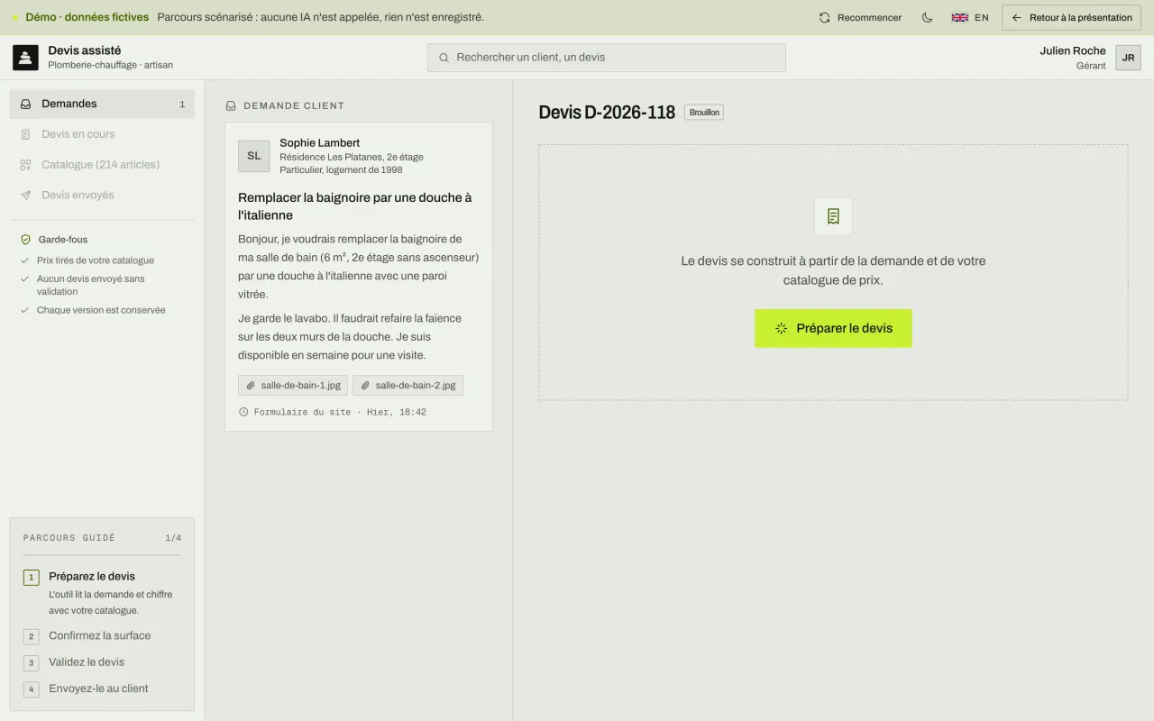 Demande d'une cliente pour remplacer une baignoire par une douche à l'italienne, à côté d'un devis vide et du bouton « Préparer le devis ».
