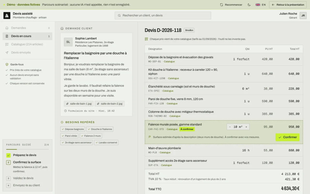 Devis chiffré ligne par ligne avec les références du catalogue de l'artisan ; la surface de faïence, estimée, est signalée « À confirmer ».