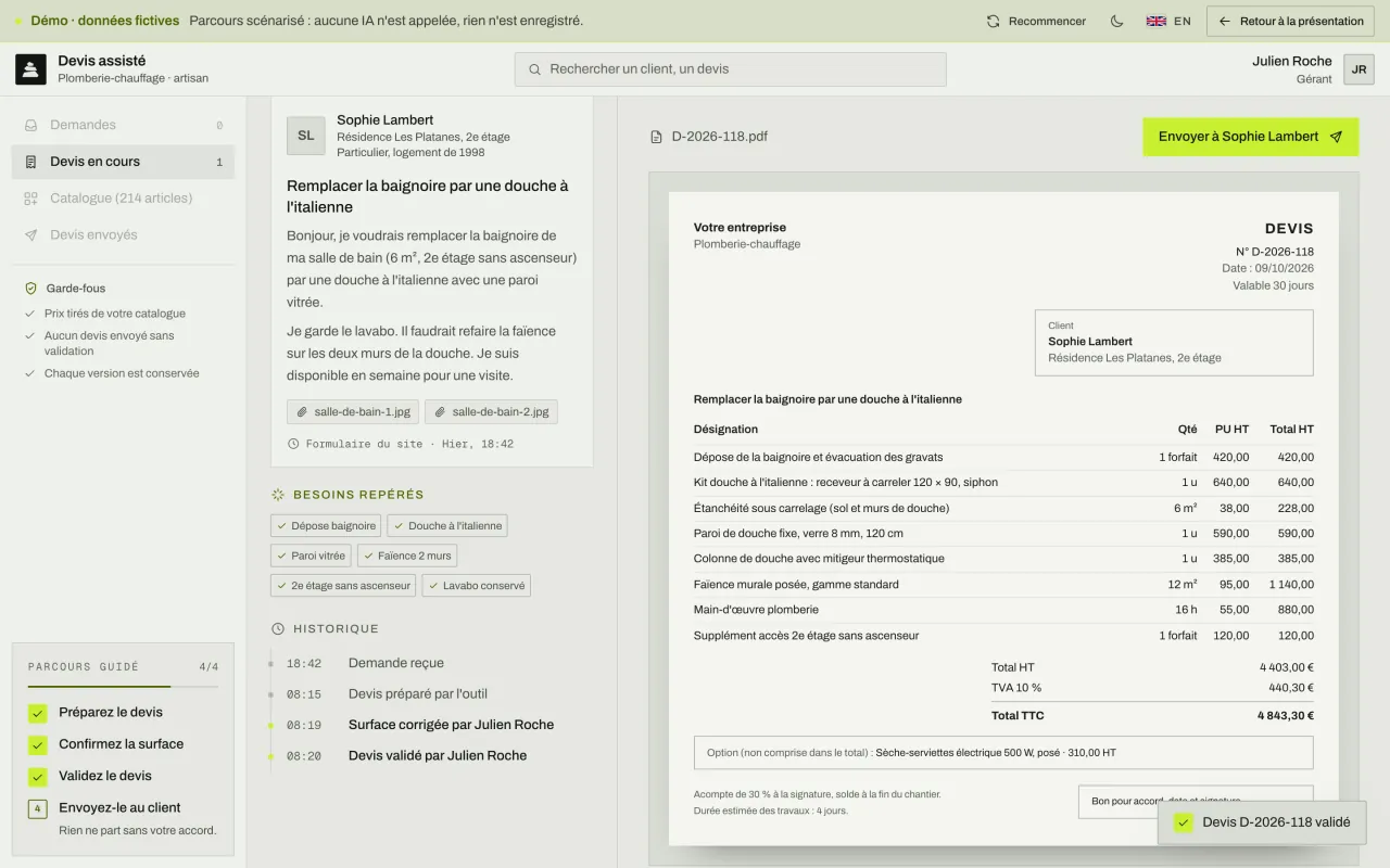 Devis PDF généré après validation : lignes, totaux HT et TTC avec TVA à 10 %, option proposée, conditions et zone de signature.