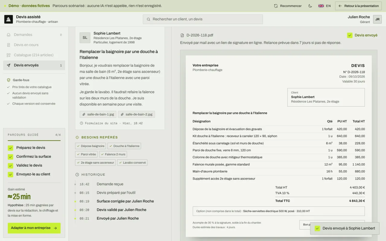 Devis envoyé à la cliente avec un lien de signature ; l'historique montre la correction et la validation faites par l'artisan.