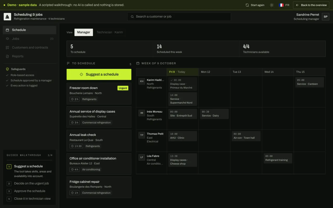 Weekly schedule of a refrigeration maintenance company: four technicians, five jobs to schedule and the “Suggest a schedule” button.