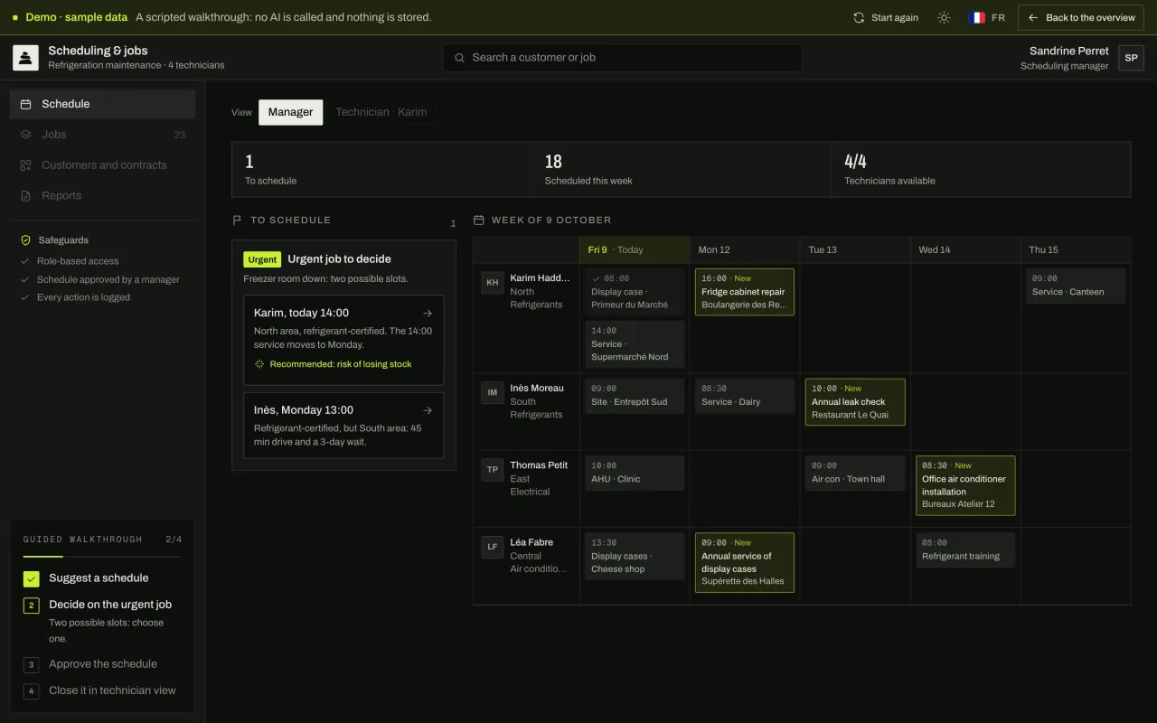 Suggested schedule: four jobs placed according to skills and areas, and an urgent job with two possible slots to decide on.