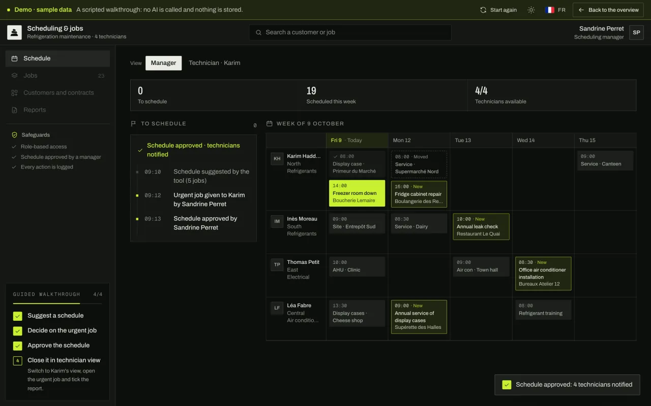 Schedule approved by the manager: the urgent job goes to the nearest technician, the planned service is moved, and the history logs every decision.