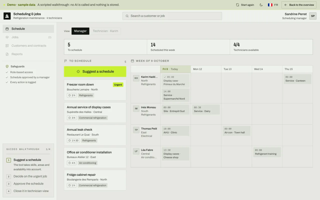 Weekly schedule of a refrigeration maintenance company: four technicians, five jobs to schedule and the “Suggest a schedule” button.