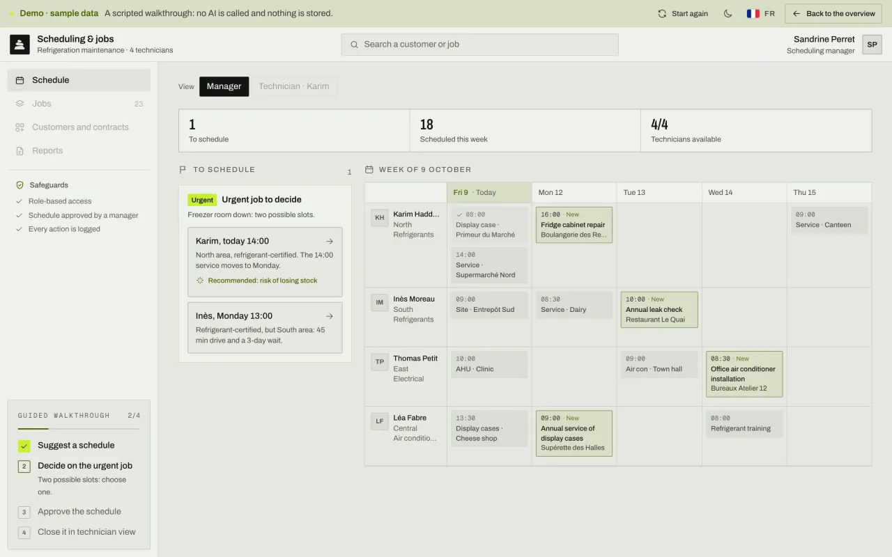 Suggested schedule: four jobs placed according to skills and areas, and an urgent job with two possible slots to decide on.