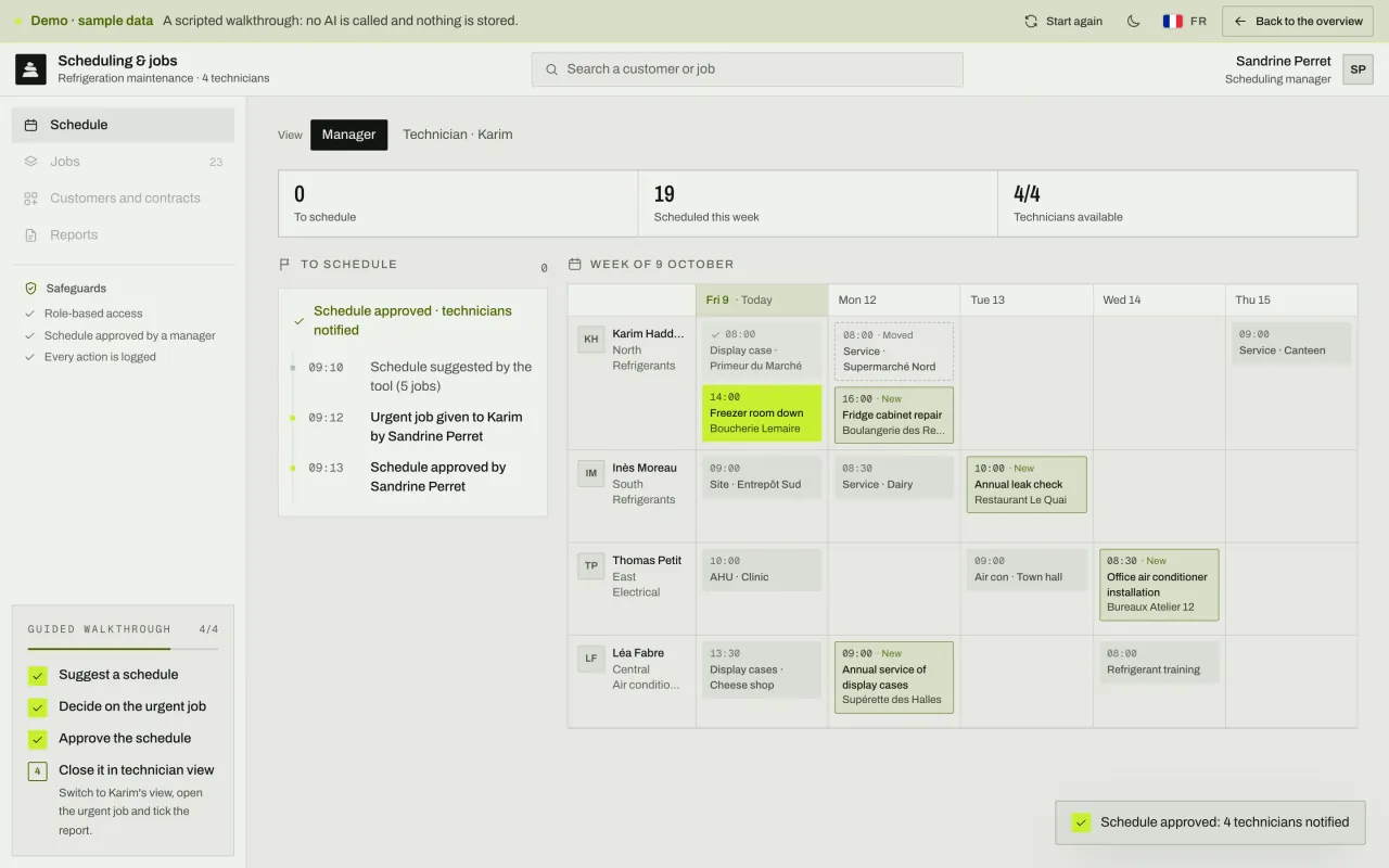 Schedule approved by the manager: the urgent job goes to the nearest technician, the planned service is moved, and the history logs every decision.