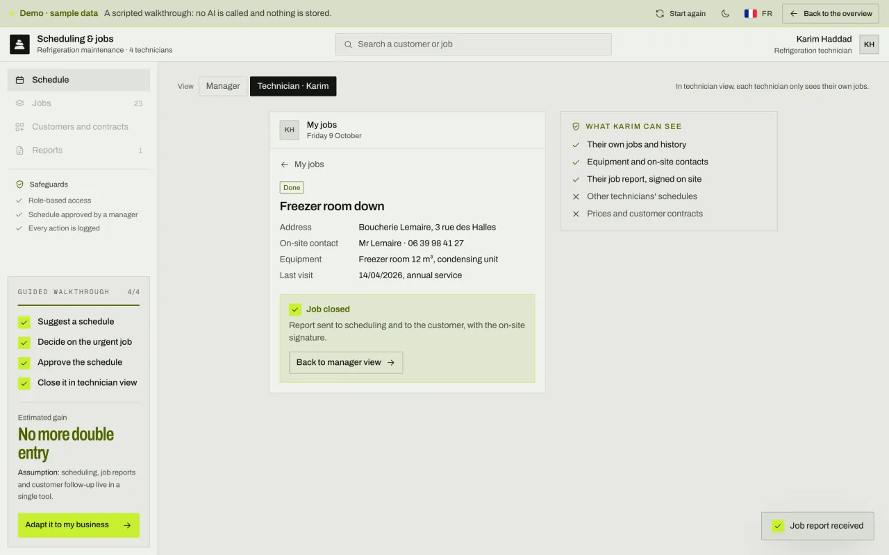 Technician view: only their own jobs are visible; the urgent job is closed with its report, which goes to scheduling.