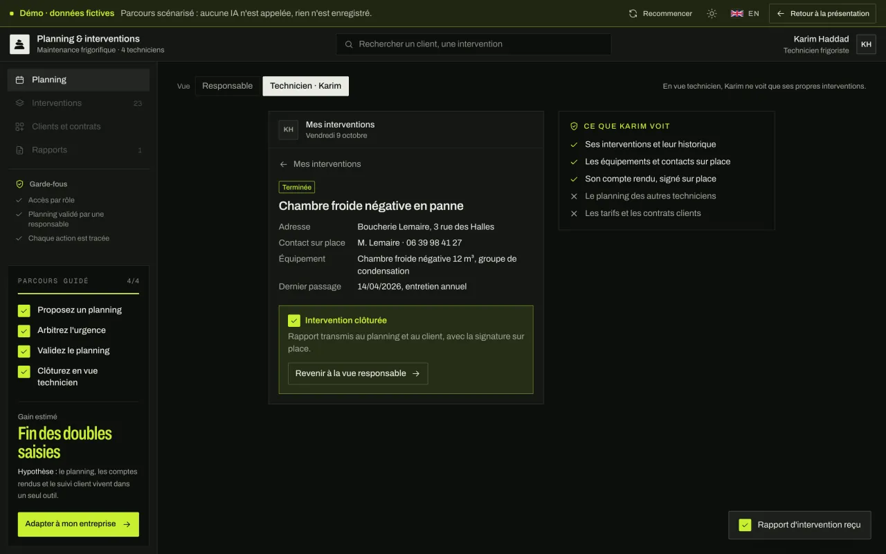 Vue technicien : il ne voit que ses interventions, clôture l'urgence avec son compte rendu, et le rapport part au planning.