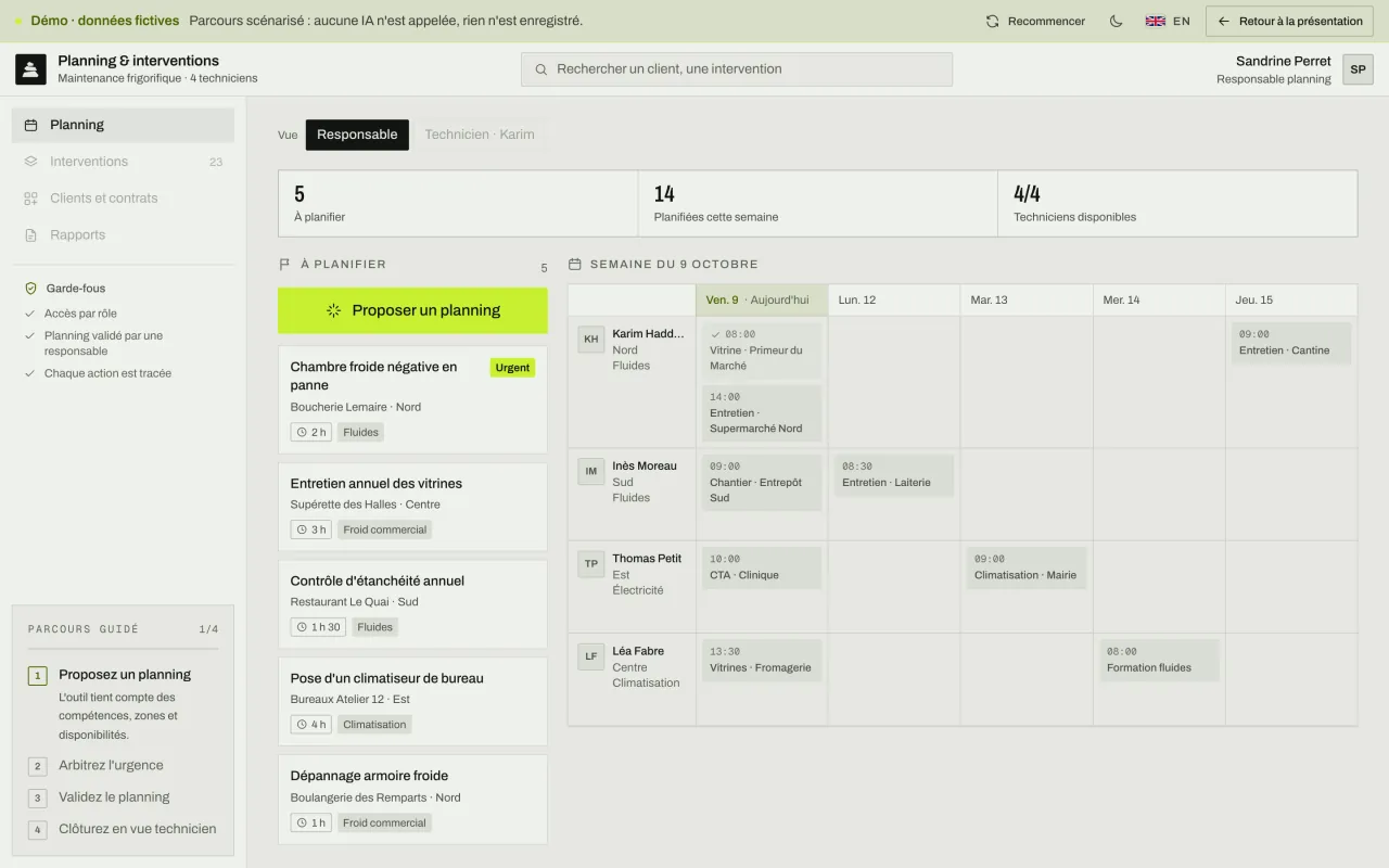 Planning de la semaine d'une entreprise de maintenance frigorifique : quatre techniciens, cinq interventions à planifier et le bouton « Proposer un planning ».