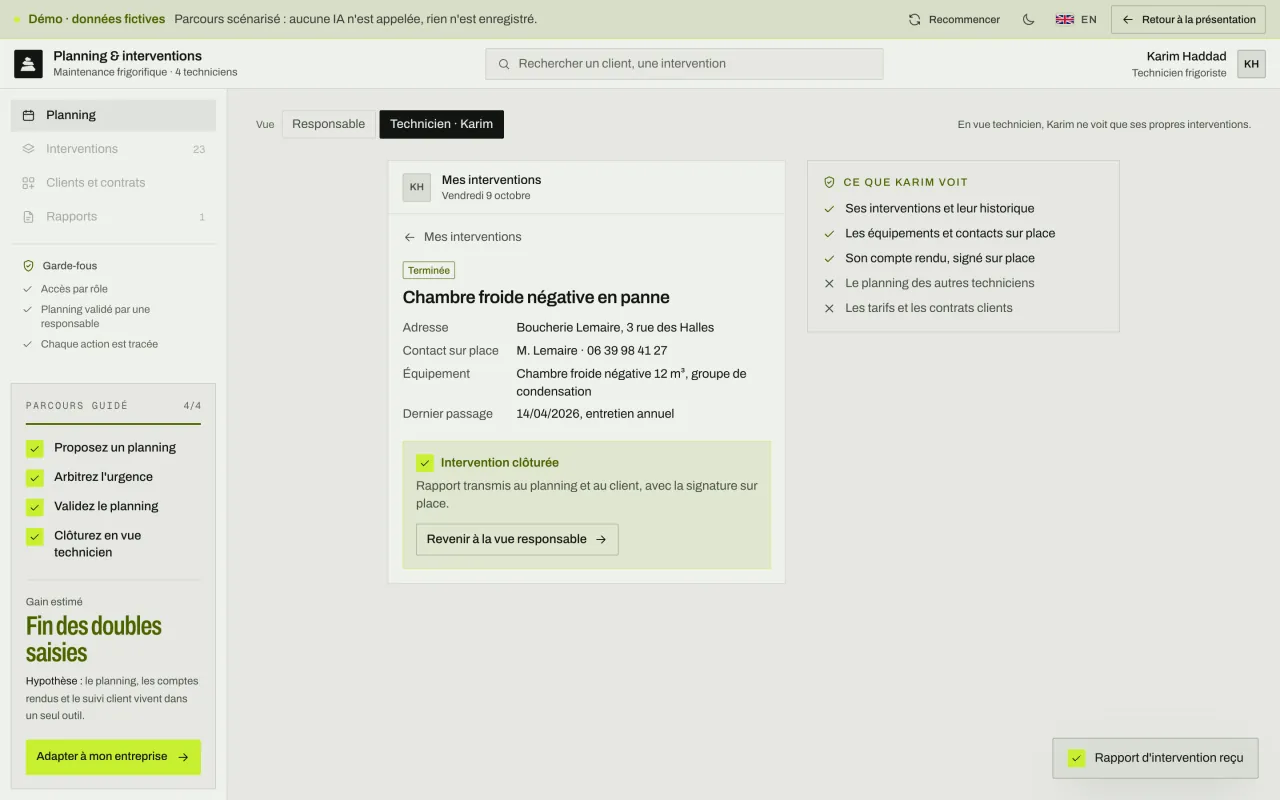 Vue technicien : il ne voit que ses interventions, clôture l'urgence avec son compte rendu, et le rapport part au planning.