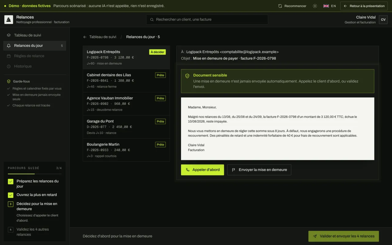Mise en demeure signalée comme document sensible : elle n'est jamais envoyée automatiquement, la personne choisit d'appeler le client d'abord ou de l'envoyer.