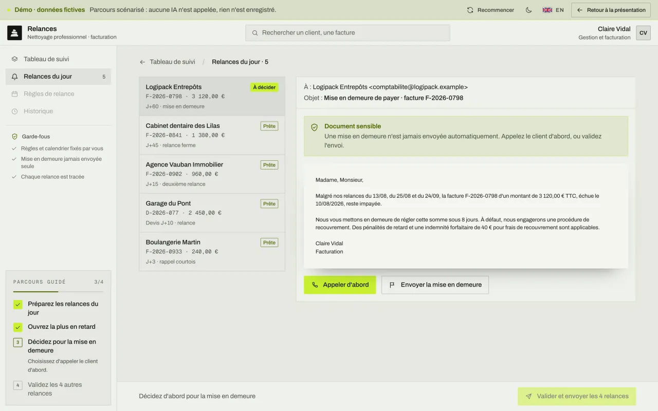 Mise en demeure signalée comme document sensible : elle n'est jamais envoyée automatiquement, la personne choisit d'appeler le client d'abord ou de l'envoyer.